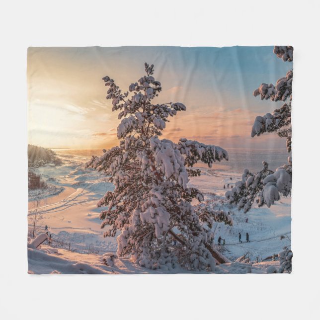 Sunset over winter snowy sea coast fleece blanket (Front (Horizontal))