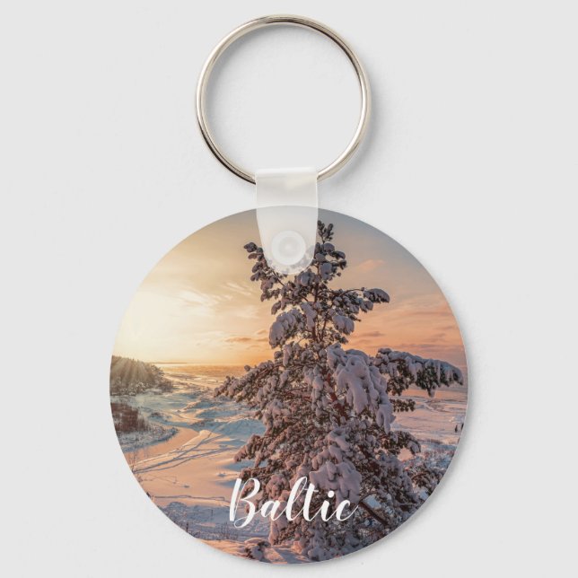 Sunset over winter snowy sea coast key ring (Front)