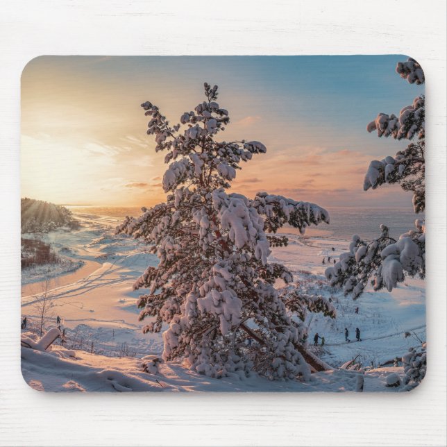Sunset over winter snowy sea coast mouse pad (Front)