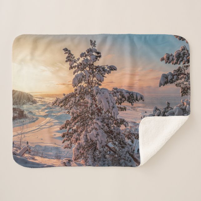 Sunset over winter snowy sea coast sherpa blanket (Front (Horizontal))