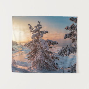 Sunset over winter snowy sea coast tapestry