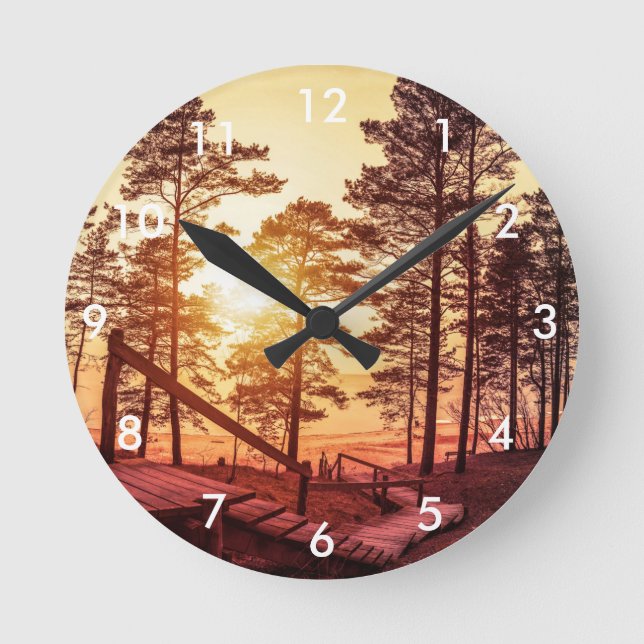 Sunset over wooden path in pine Acrylic Wall Clock (Front)