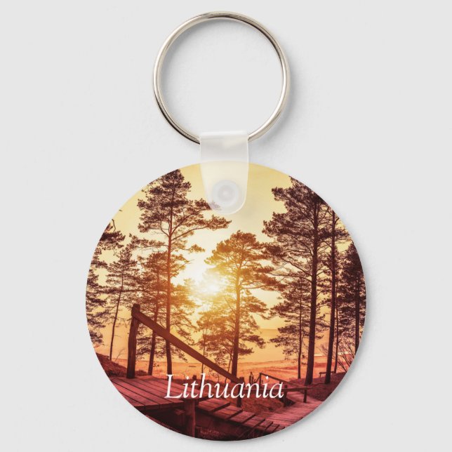 Sunset over wooden path in pine forest key ring (Front)