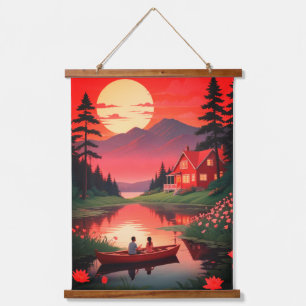 Sunset Painting with A Boat in Lake-68678 Hanging Tapestry