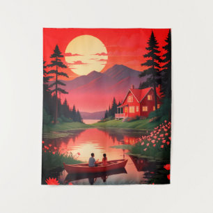 Sunset Painting with A Boat in Lake-68678 Tapestry