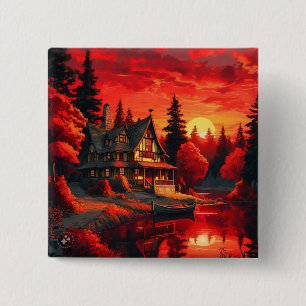 Sunset Painting with Cottage and Lake-66633 15 Cm Square Badge