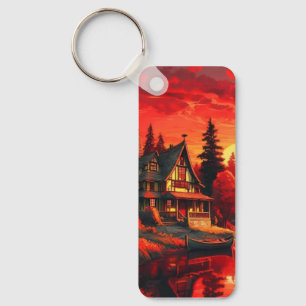 Sunset Painting with Cottage and Lake-66633 Key Ring