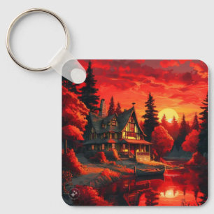 Sunset Painting with Cottage and Lake-66633 Key Ring