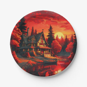 Sunset Painting with Cottage and Lake-66633 Paper Plate