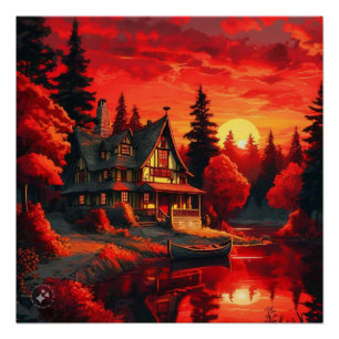 Sunset Painting with Cottage and Lake-66633 Poster