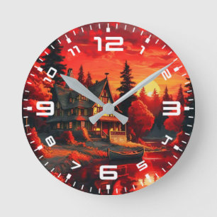 Sunset Painting with Cottage and Lake-66633 Round Clock