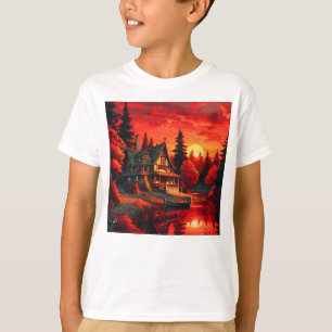 Sunset Painting with Cottage and Lake-66633 T-Shirt