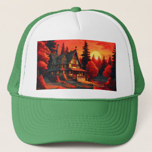 Sunset Painting with Cottage and Lake-66633 Trucker Hat
