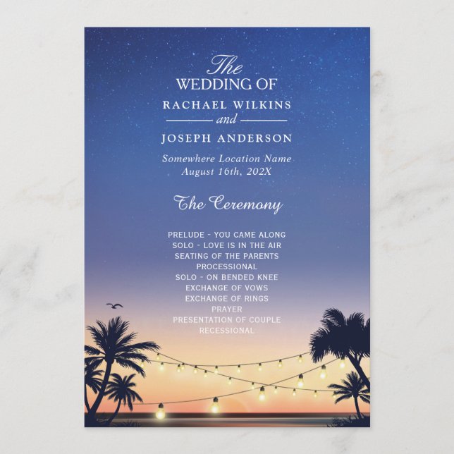 Sunset Palm Beach String Lights Wedding Program (Front)