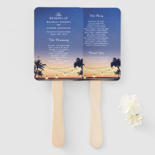 Sunset Palm Beach String Lights Wedding Program Hand Fan