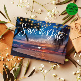Sunset Palm String Lights Tropical Beach Wedding Save The Date