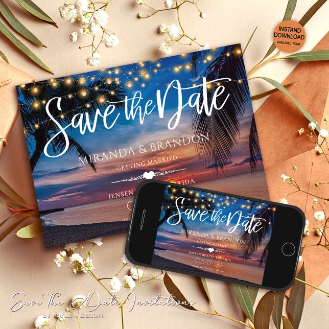 Sunset Palm String Lights Tropical Beach Wedding Save The Date (Creator Uploaded)