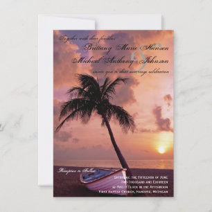 Sunset Palm Tree Beach & Boat Wedding Invitations