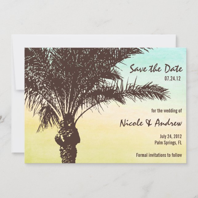 Sunset Palm Tree Save the Date Announcement (Front)