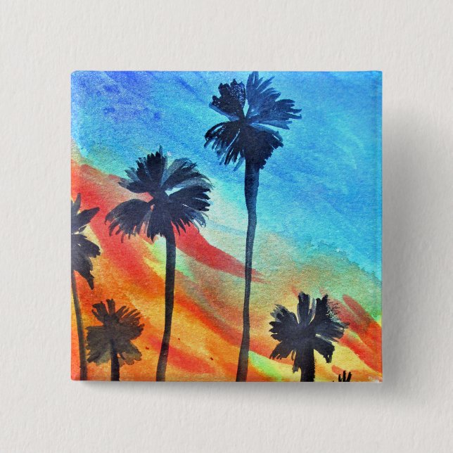 Sunset Palm trees beach surf art 15 Cm Square Badge (Front)
