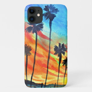 Sunset Palm trees beach surf art iPhone 11 Case