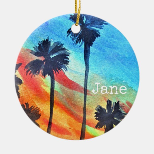 Sunset Palm trees beach surf art Ceramic Ornament (Front)