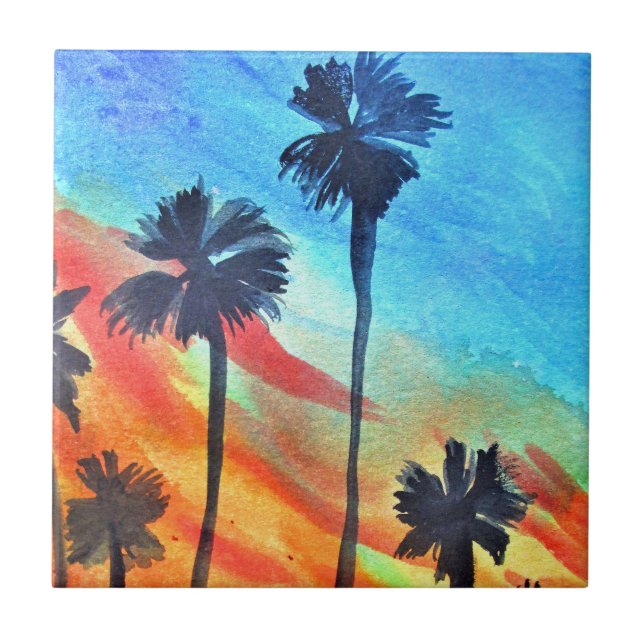 Sunset Palm trees beach surf art Ceramic Tile (Front)