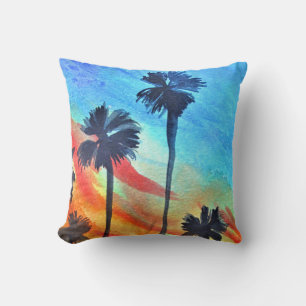 Sunset Palm trees beach surf art Cushion