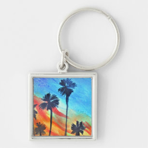 Sunset Palm trees beach surf art Key Ring