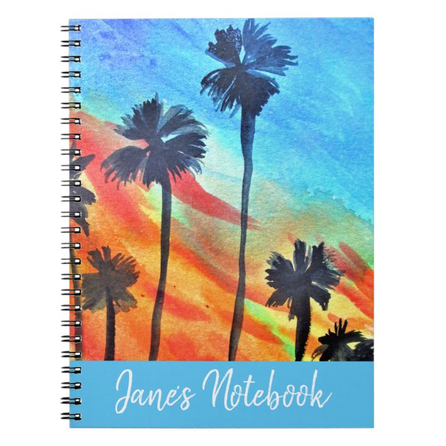 Sunset Palm trees beach surf art Notebook (Front)