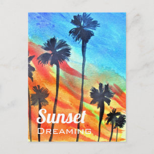 Sunset Palm trees beach surf art Postcard