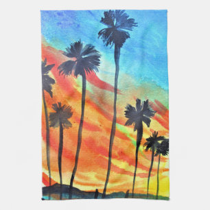 Sunset Palm trees beach surf art Tea Towel
