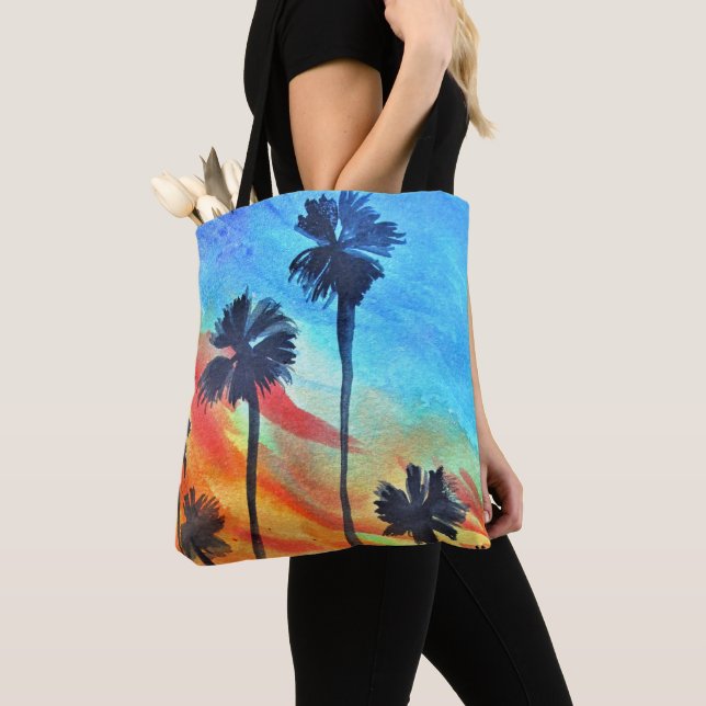 Sunset Palm trees beach surf art Tote Bag (Close Up)