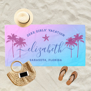 Sunset Palm Trees Blue Girls Vacation Beach Towel