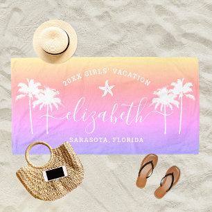 Sunset Palm Trees Girls Vacation Custom Name Beach Towel