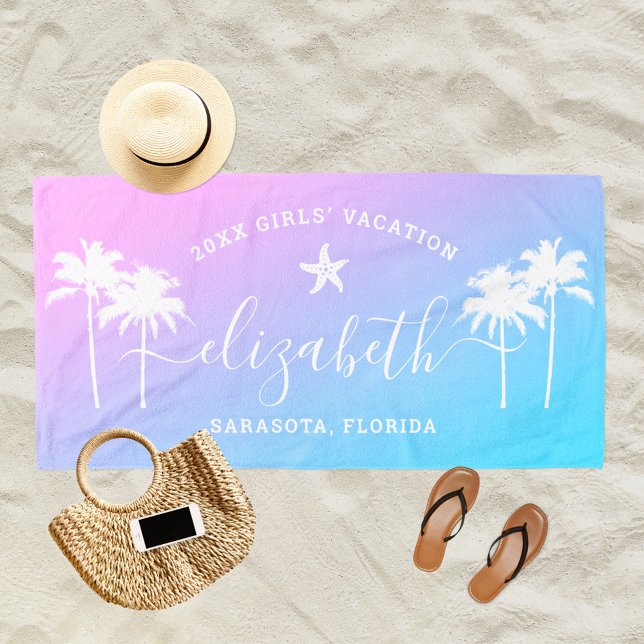 Sunset Palm Trees Girls Vacation Custom Name Beach Towel (Creator Uploaded)