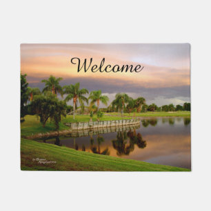 Sunset Palm Trees Lake Doormat