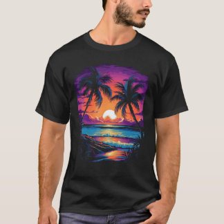 Sunset Palm Trees Retro Vintage Vacation Surf Beac T-Shirt