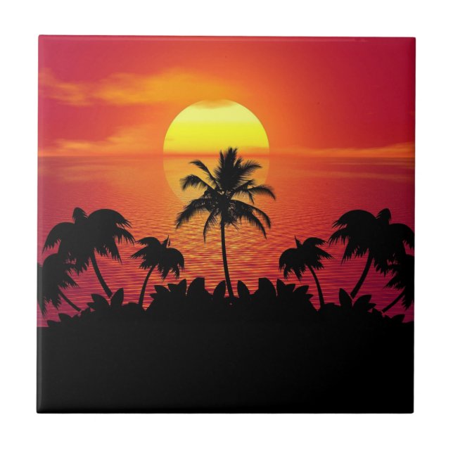 Sunset Palm Trees Silhouette-16514 Ceramic Tile (Front)
