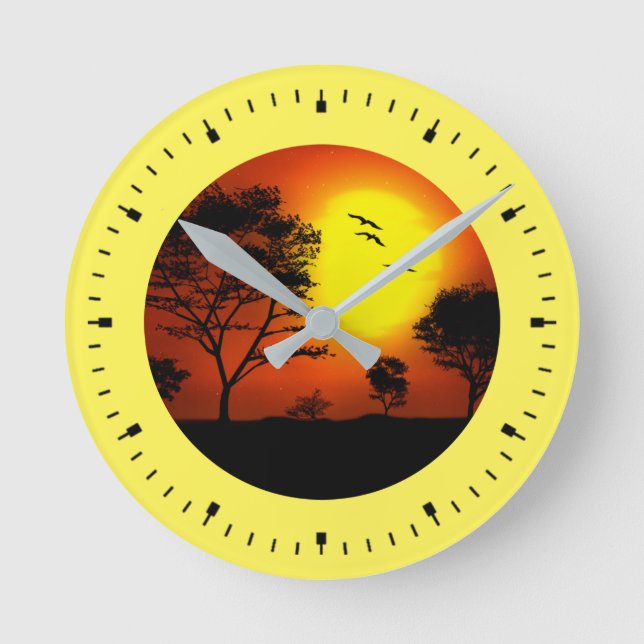 Sunset Palm Trees Silhouettes Illustration Round Clock (Front)