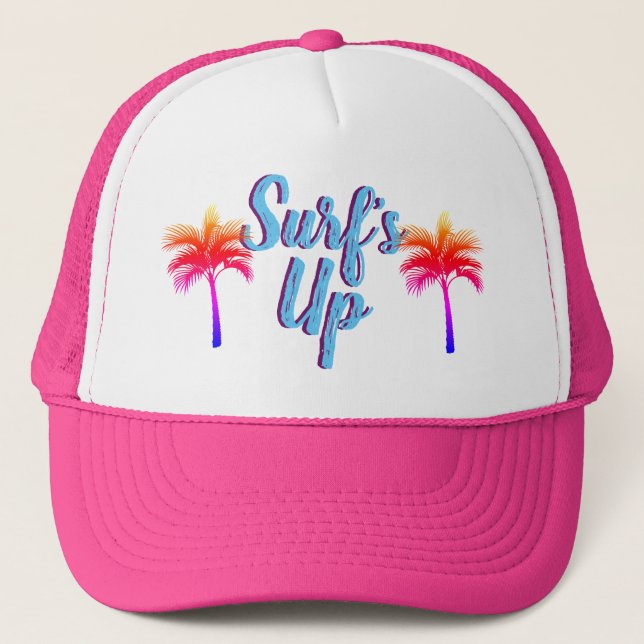 Sunset Palm Trees Surf's Up Trucker Hat (Front)