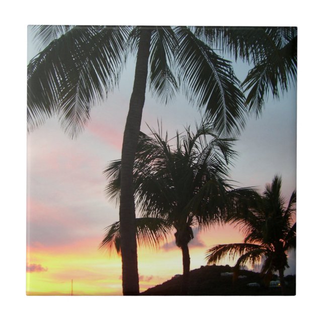 Sunset Palms Tropical Landscape Photography Ceramic Tile (Front)