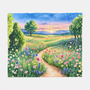 Sunset Path Through a Wildflower Meadow Fleece Blanket
