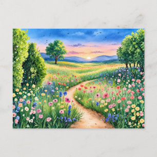 Sunset Path Through a Wildflower Meadow Postcard
