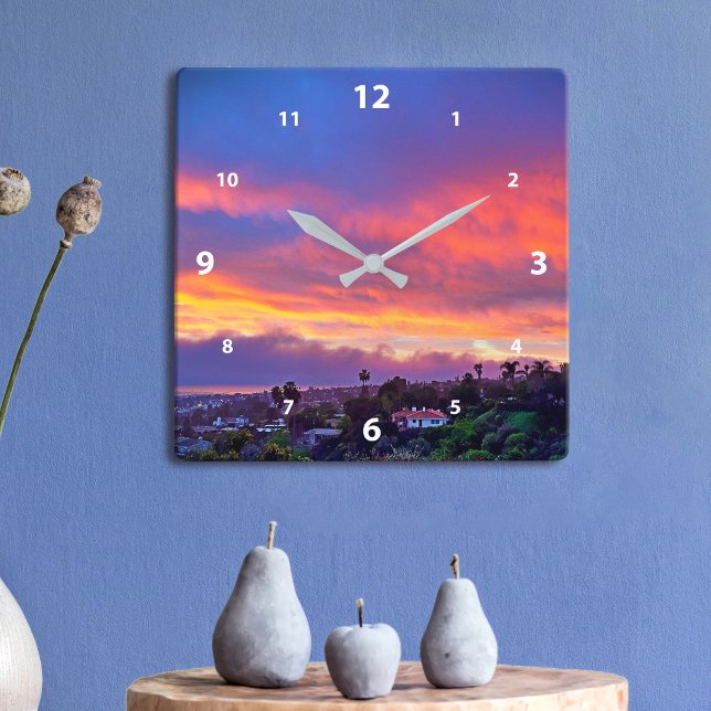 Sunset pink blue clouds modern photo beautiful square wall clock (Creator Uploaded)