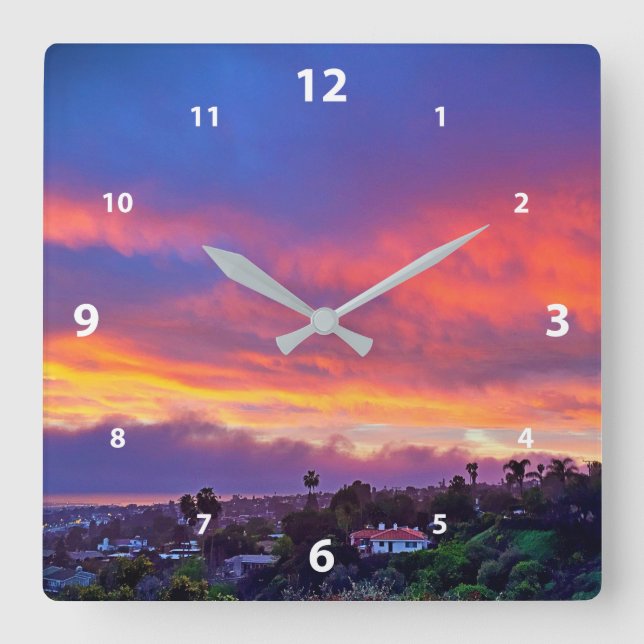 Sunset pink blue clouds modern photo beautiful square wall clock (Front)