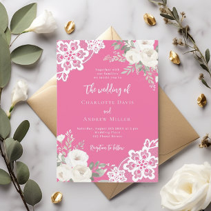 Sunset pink roses lace wedding invitation