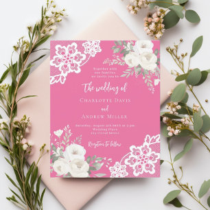 Sunset pink white lace wedding invitation
