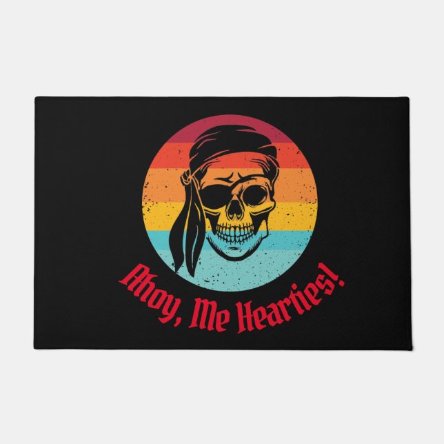Sunset Pirate Party Skull Ahoy, Me Hearties! Doormat (Front)