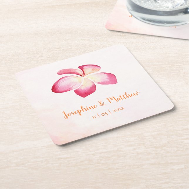 Sunset Plumeria Pink Watercolor Wedding Square Paper Coaster (Angled)